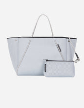 Load image into Gallery viewer, Guise tote bag in washed pale grey denim print
